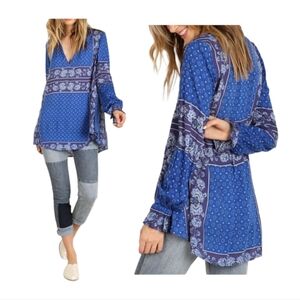 Free People Blue and Purple Patterned Blouse